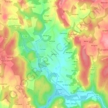 Topografische kaart Kerfany, hoogte, reliëf