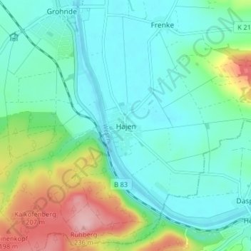 Topografische kaart Hajen, hoogte, reliëf