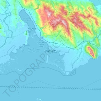 Topografische kaart Mesolongi, hoogte, reliëf