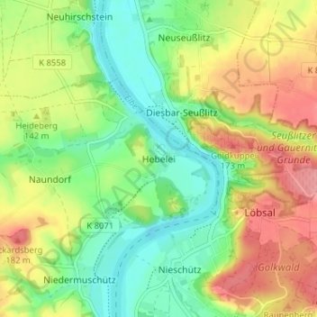 Topografische kaart Hebelei, hoogte, reliëf