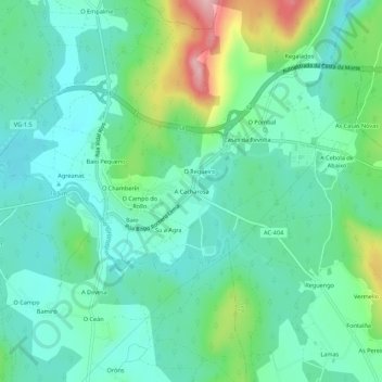 Topografische kaart A Cacharosa, hoogte, reliëf