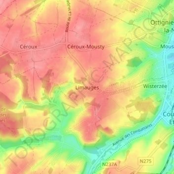 Topografische kaart Limauges, hoogte, reliëf