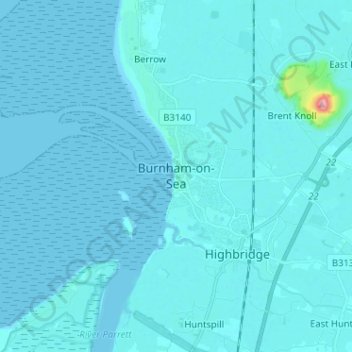 Topografische kaart Burnham-on-Sea, hoogte, reliëf