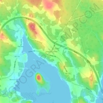 Topografische kaart Simpson Corner, hoogte, reliëf