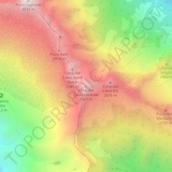 Topografische kaart Cima del Calvo centrale, hoogte, reliëf
