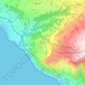 Topografische kaart Coccorino, hoogte, reliëf