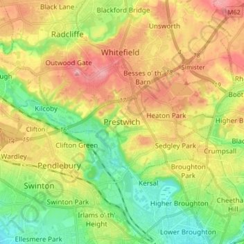 Topografische kaart Prestwich, hoogte, reliëf