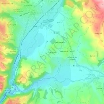 Topografische kaart Puechroux, hoogte, reliëf