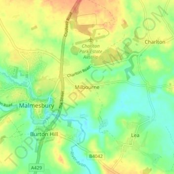 Topografische kaart Milbourne, hoogte, reliëf