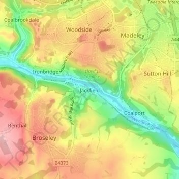 Topografische kaart Jackfield, hoogte, reliëf