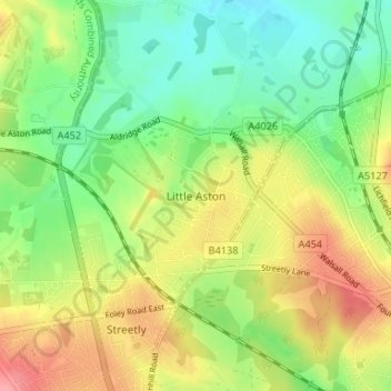 Topografische kaart Little Aston, hoogte, reliëf