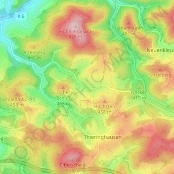 Topografische kaart Rhonard, hoogte, reliëf