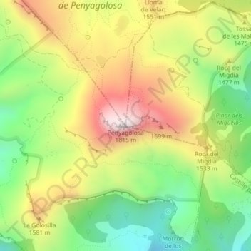 Topografische kaart Penyagolosa, hoogte, reliëf