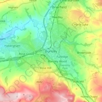 Topografische kaart Burnley, hoogte, reliëf