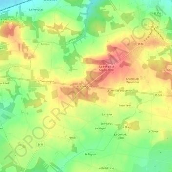 Topografische kaart Les Quatre Routes, hoogte, reliëf