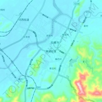 Topografische kaart 春城街道, hoogte, reliëf
