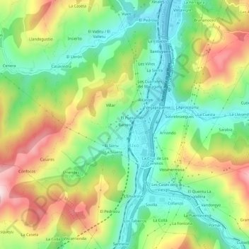 Topografische kaart Barreo, hoogte, reliëf