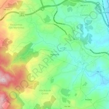 Topografische kaart Raposeira, hoogte, reliëf