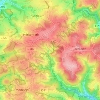 Topografische kaart Volbach, hoogte, reliëf