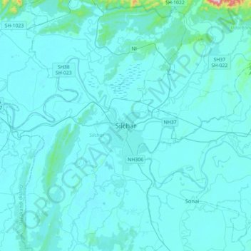 Topografische kaart Silchar, hoogte, reliëf