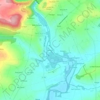 Topografische kaart Quénécan, hoogte, reliëf