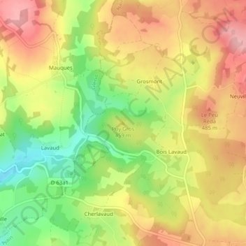 Topografische kaart Puy Gros, hoogte, reliëf