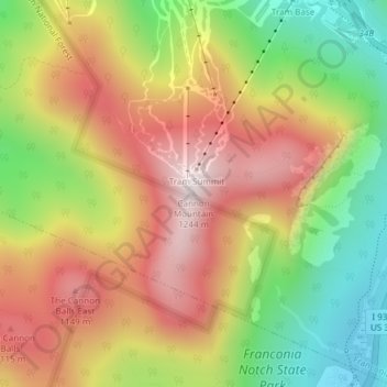 Topografische kaart Cannon Mountain, hoogte, reliëf
