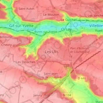 Topografische kaart Les Ulis, hoogte, reliëf