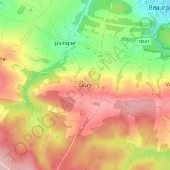 Topografische kaart Sevry, hoogte, reliëf