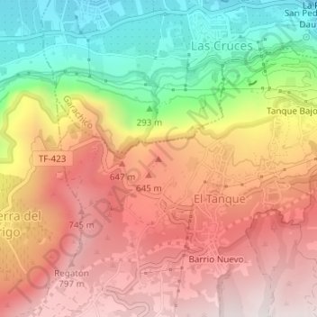 Topografische kaart Cañitas, hoogte, reliëf