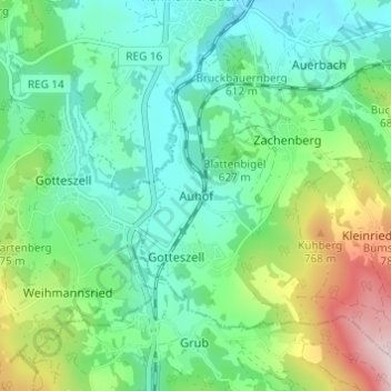 Topografische kaart Auhof, hoogte, reliëf