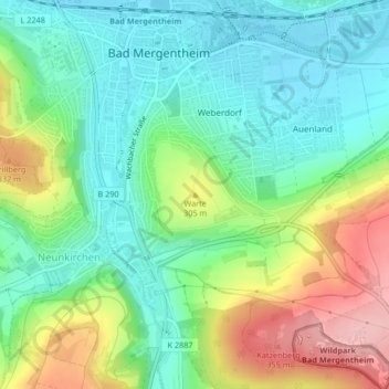 Topografische kaart Warte, hoogte, reliëf