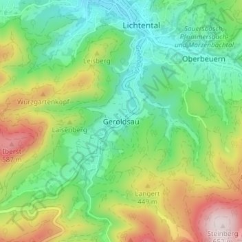 Topografische kaart Geroldsau, hoogte, reliëf