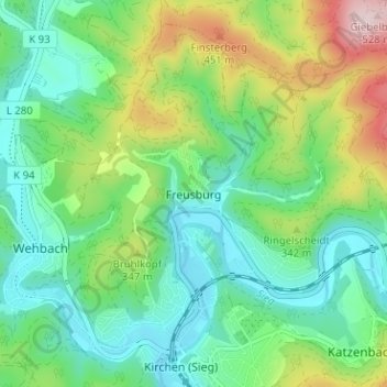 Topografische kaart Freusburg, hoogte, reliëf