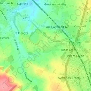 Topografische kaart Redcoats Green, hoogte, reliëf