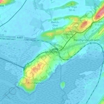 Topografische kaart Minffordd, hoogte, reliëf