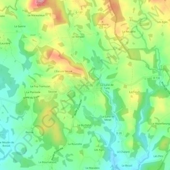 Topografische kaart Meilhards, hoogte, reliëf