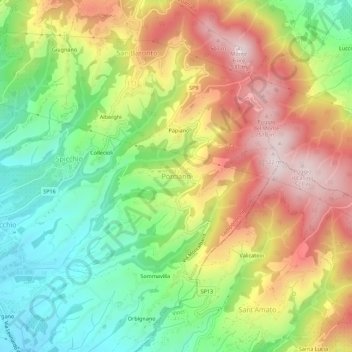 Topografische kaart Porciano, hoogte, reliëf
