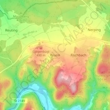 Topografische kaart Brunn, hoogte, reliëf