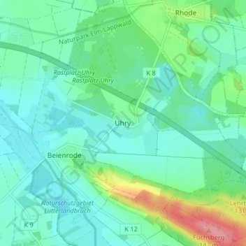 Topografische kaart Uhry, hoogte, reliëf