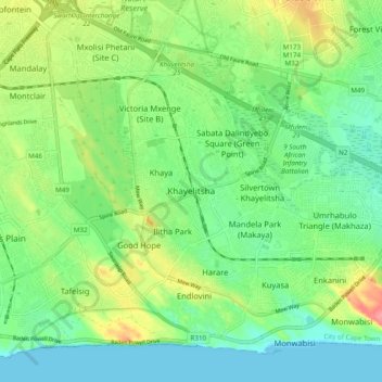 Topografische kaart Khayelitsha, hoogte, reliëf