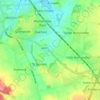 Topografische kaart Ashbrook, hoogte, reliëf