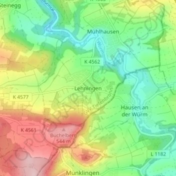 Topografische kaart Lehningen, hoogte, reliëf