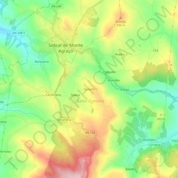 Topografische kaart Outeiro, hoogte, reliëf