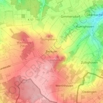 Topografische kaart Berkum, hoogte, reliëf