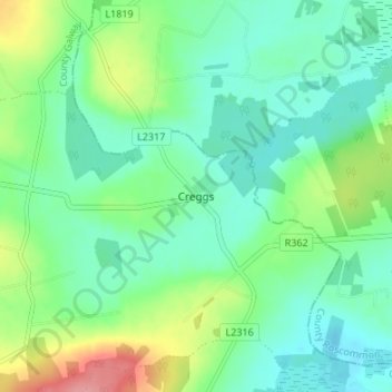 Topografische kaart Creggs, hoogte, reliëf