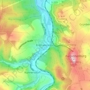 Topografische kaart Erdmannsdorf, hoogte, reliëf
