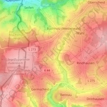 Topografische kaart Oberelles, hoogte, reliëf