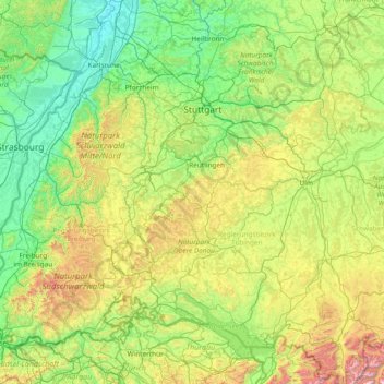 Topografische kaart Württemberg, hoogte, reliëf