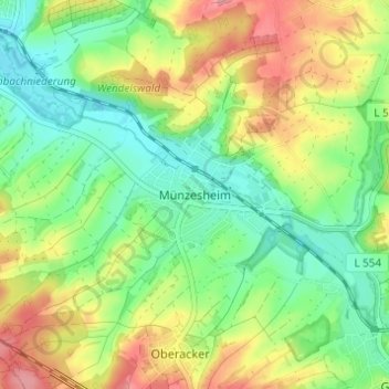 Topografische kaart Münzesheim, hoogte, reliëf